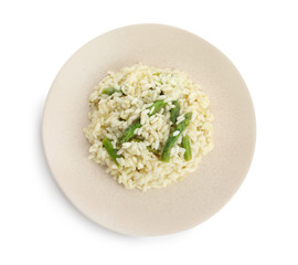 Delicious risotto with asparagus isolated on white