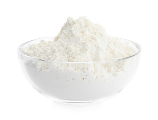 Organic flour in glass bowl isolated on white