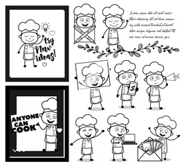 Retro Black and White Cartoon Chef - Set of Concepts Vector illustrations