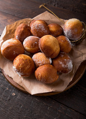 Bunuelos de viento - traditional Colombian sweet deep fried pastry. Spanish Easter doughnut. Mexican golden, crispy-sweet, tortilla-like fritters are sprinkled with sugar