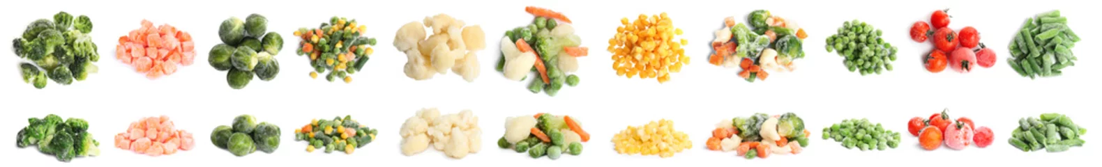 Photo sur Plexiglas Légumes frais Ensemble de différents légumes surgelés sur fond blanc. Conception de bannière
