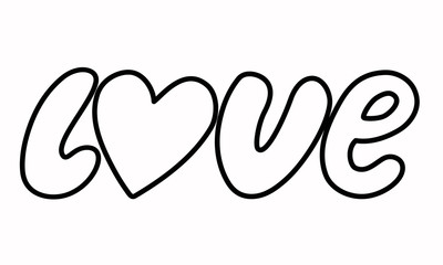Love hand-drawn lettering with a heart for Valentine's Day. Volumetric outline letters in a cartoon style. Stock vector illustration isolated on white background.