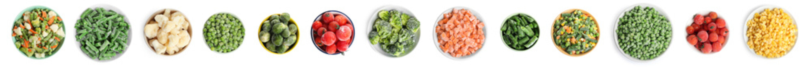 Set of different frozen vegetables on white background, top view. Banner design