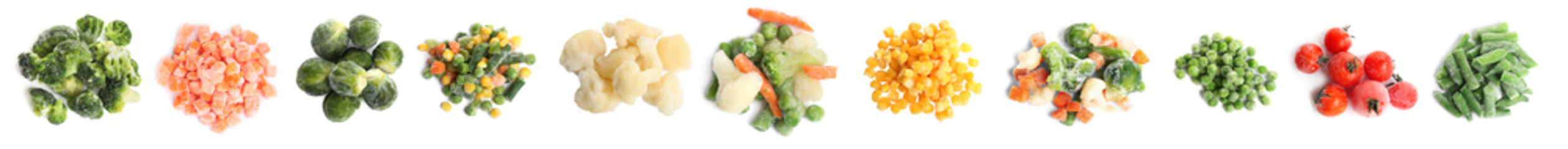 Set of different frozen vegetables on white background, top view. Banner design