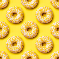 Bright flat lay seamless pattern with donuts