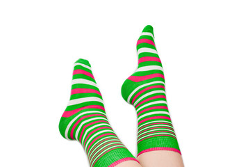Woman in green socks isolated on white background. Top view.