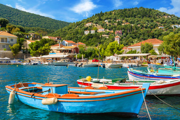 Fototapeta na wymiar Colorful Greek Fishing Boats in Ithaka island, Greece