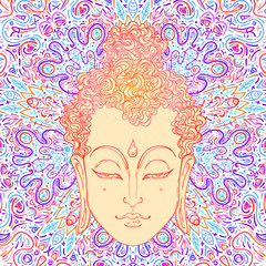 Buddha face over ornate mandala round pattern. Esoteric vintage vector illustration. Indian, Buddhism, spiritual art. Hippie tattoo, spirituality, Thai god, yoga zen Coloring book pages for adults.