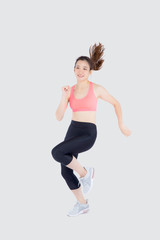 Fototapeta na wymiar Beautiful young asian woman happy and smiling jogging isolated on white background, asia girl cheerful in sport is activity exercise cardio and workout with running for healthy, health concept.