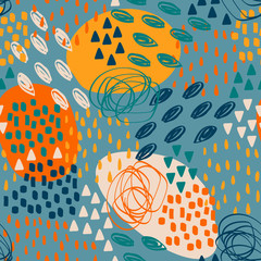 Memphis background for textile print, cover, wallpaper and interior design. Vector organic seamless pattern, hand-drawn doodles texture