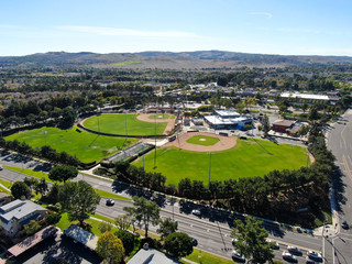 Fototapeta na wymiar Aerial top view of Community park baseball sports field. Irvine, San Diego, USA