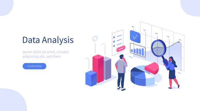 People Characters Working With Data Visualization. Man And Woman Analyzing Tables, Charts And Graphs At Business Dashboard. Digital Data Analysis Concept. Flat Isometric Vector Illustration.