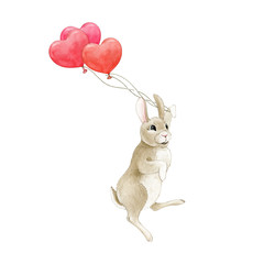 Funny small hopping rabbit with red air balloons watercolor illustration. Happy cute romantic dancing bunny hand drawn image. Fluffy farm animal isolated on white background.