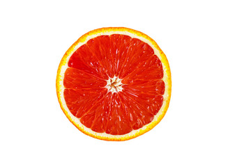 Fresh red orange or grapefruit isolated on white background. Tropical citrus fruit. Beautiful cut juicy slices.