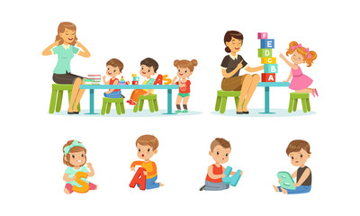 Speech Therapist Going Speech Gymnastics with Preschool Children, Teacher Explaining Alphabet to Kids, Boys and Girls Playing and Studying in Kindergarten or School Vector Illustration