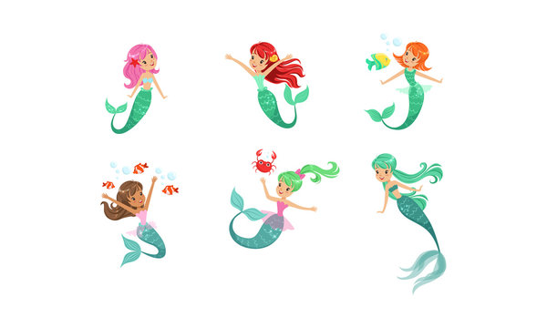 Cute Beautiful Mermaids Collection, Lovely Sea Princesses with Colorful Hair Vector Illustration