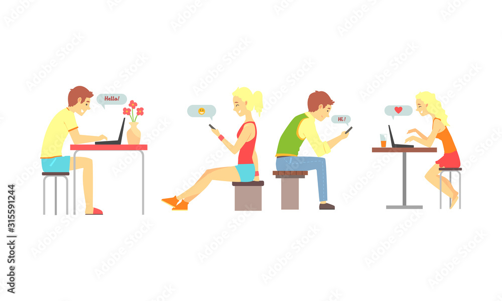 Poster people using mobile application for dating set, virtual relationships, social networking vector illu