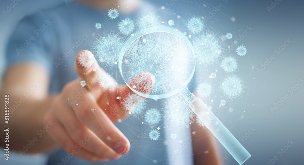Poster man analyzing holographic cell projection through magnifying glass 3d rendering