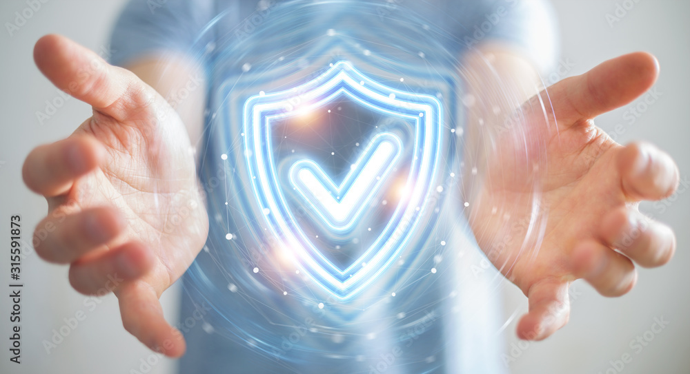 Poster man using digital shield protection blue holographic interface 3d rendering