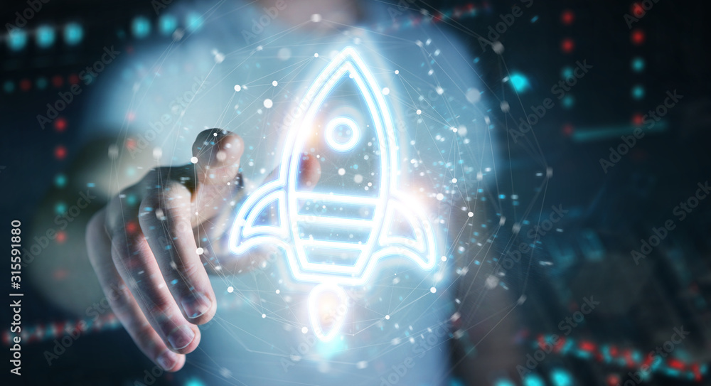 Aufkleber Man using startup digital neon interface 3D rendering