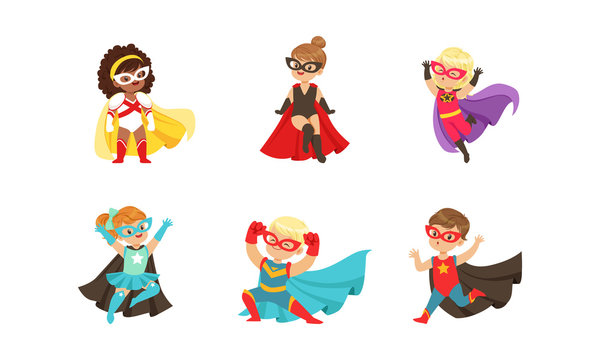 Kid Superheroes Collection, Cute Happy Boys and Girls Wearing Superhero Costumes Vector Illustration