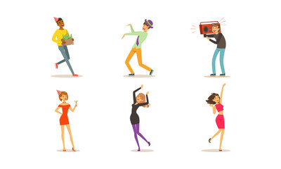 People Dancing and Having Fun at Party Set, Men and Women Celebrating Holiday Vector Illustration