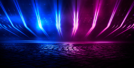 Empty dark abstract background. Empty street background. Glow of neon lights on an empty road....