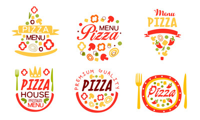 Pizza House Premium Menu Labels Collection, Fast Food Restaurant, Cafe Bright Badges Vector Illustration