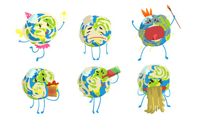 Funny Earth Globe Cartoon Character Collection, Comic Planet in Different Situations and Various Emotions Vector Illustration
