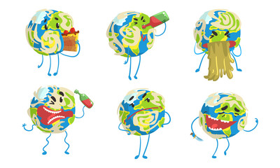 Funny Earth Globe Cartoon Character Collection, Comic Planet in Different Situations Vector Illustration