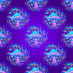 Magic mushrooms. Seamless pattern. Psychedelic hallucination. Vibrant vector illustration. 60s hippie colorful art. Hand drawn element in ethnic style. Spiritual background, wallpaper texture.