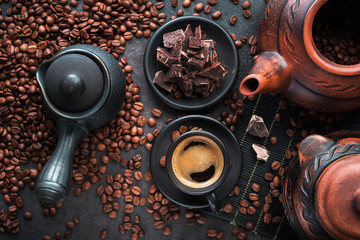 Turkish espresso coffee in a black ceramic cup