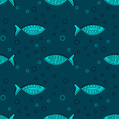 Obraz premium Seamless pattern with hand drawn fishes, doodle style. Silhouettes and contours, vector