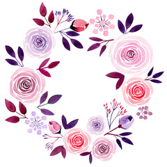 Floral wreath heart with roses and leaves. Vintage. Watercolor illustration. Invitation