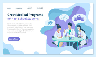 Great medical program for high school students, people dealing with samples and researches. Doctors at work conducting researches. Website or webpage template, landing page, vector in flat style