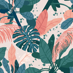 Seamless hand drawn tropical vector pattern with exotic palm leaves and various plants on light background. © Ms.Moloko