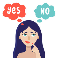 A young woman is thinking about what decision to make. The concept of choice.Yes or no.Doubts, worries.Flat vector illustration on white background.