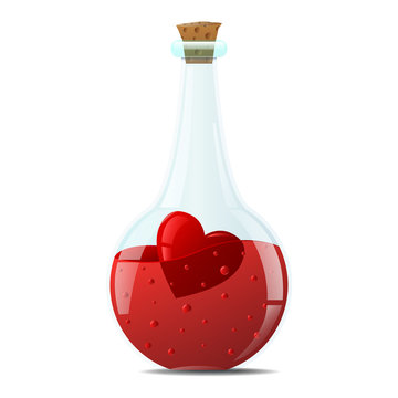 Elixir of love. A small glass bottle with sharp edges, with a red heart inside.