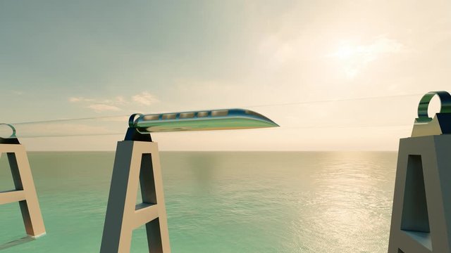 Fantastic 3d illustration with green maglev hyperloop. travel concept background. Modern town architecture. Future technology concept. Modern city transport. City landscape illustration. 4k