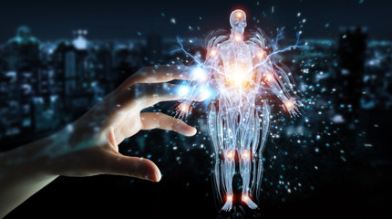 Fototapeta na wymiar Man hand using digital x-ray human body holographic scan projection 3D rendering