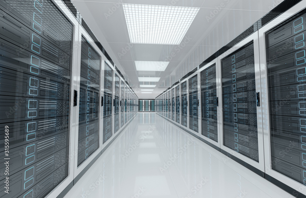 Poster white servers center room with computers and storage systems 3d rendering