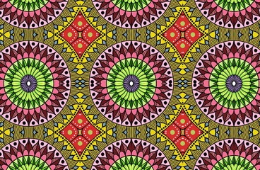 Colorful floral ethnic mandala pattern in patchwork boho chic style in yellow and red colors, in portuguese and moroccan motive