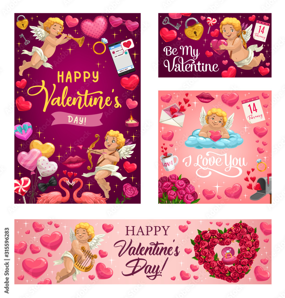 Wall mural happy valentines day vector greeting card. pink hearts and cupid with arrows, rose flowers wreath, a