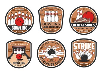 Bowling game center icons, sport club recreation and entertainment. Vector bowling game club lane and shoes rentals, balls and skittle pins, victory strike - obrazy, fototapety, plakaty