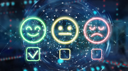 Holographic blue customer satisfaction rating interface 3D rendering