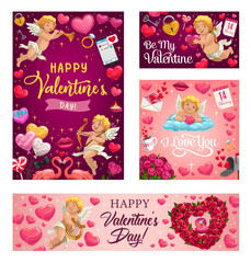 Happy Valentines day vector greeting card. Pink hearts and cupid with arrows, rose flowers wreath, angel with golden harp and pink flamingo with love lock and key