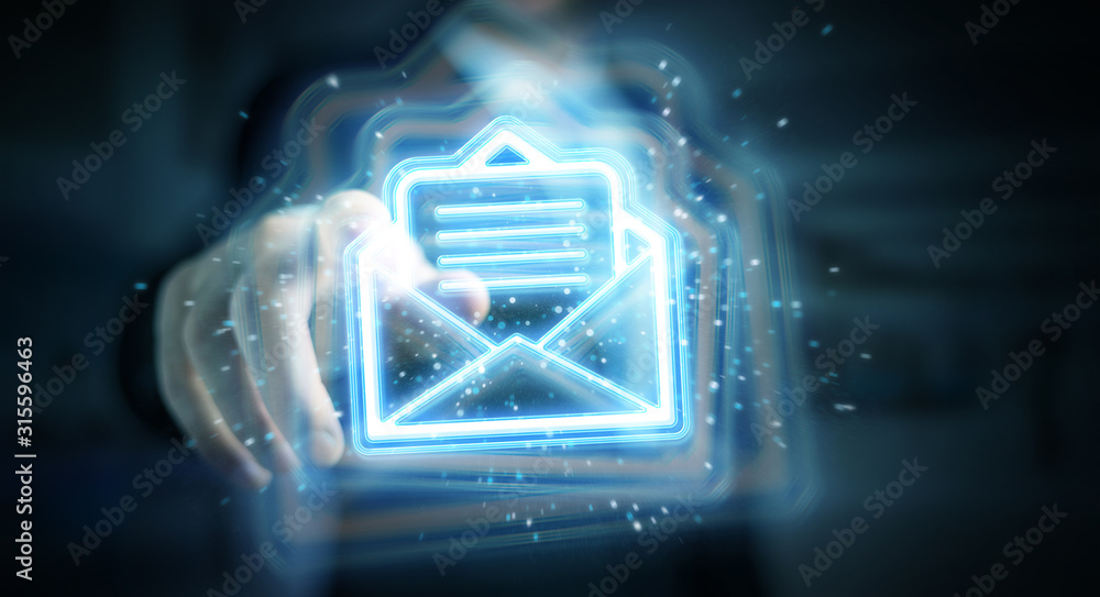 Poster man using digital email blue holographic interface 3d rendering