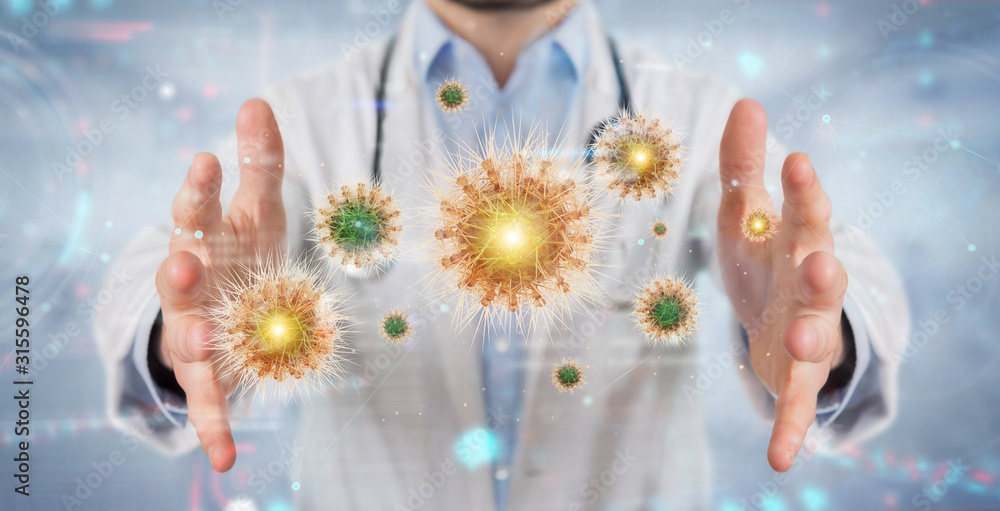 Poster doctor analyzing bacteria on microscopic close-up 3d rendering