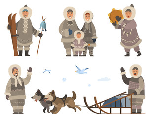 Set of inuits wearing traditional warm clothes. Isolated eskimos people family mother, father and kid. Person with musical instrument. Male with hunted fish. Character with sled dogs outdoors vector - obrazy, fototapety, plakaty