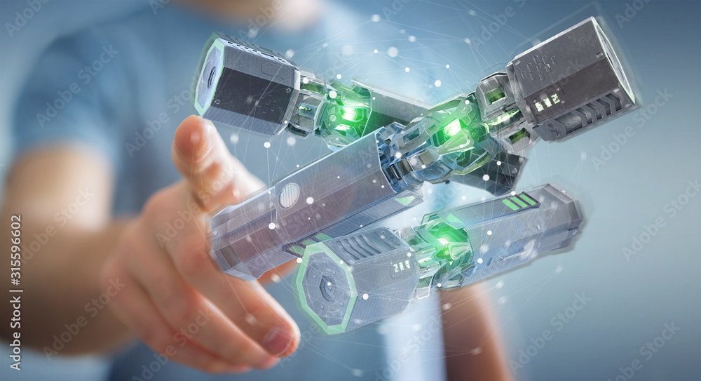 Aufkleber man holding and touching green renewable energy battery 3d rendering